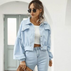 Veste Crop Velours Côtelé Femme Bleue