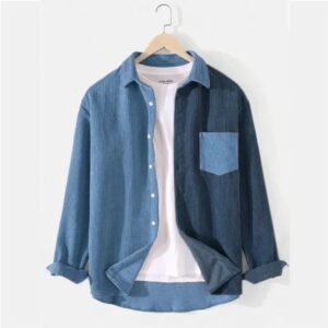 chemise homme patchwork en velours côtelé bleu