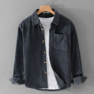 chemise homme unie en velours côtelé bleu