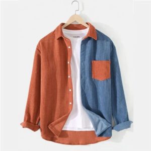 chemise homme patchwork en velours côtelé orange et bleu