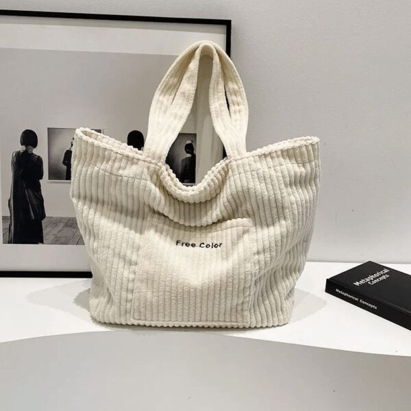 Grand Sac Fourre-tout Velours Côtelé À Grosse Côtes Blanc – Image 2