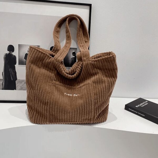 Grand Sac Fourre-tout Velours Côtelé À Grosse Côtes Café – Image 2