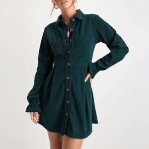 Robe Vintage En Velours Côtelé Vert Foncé