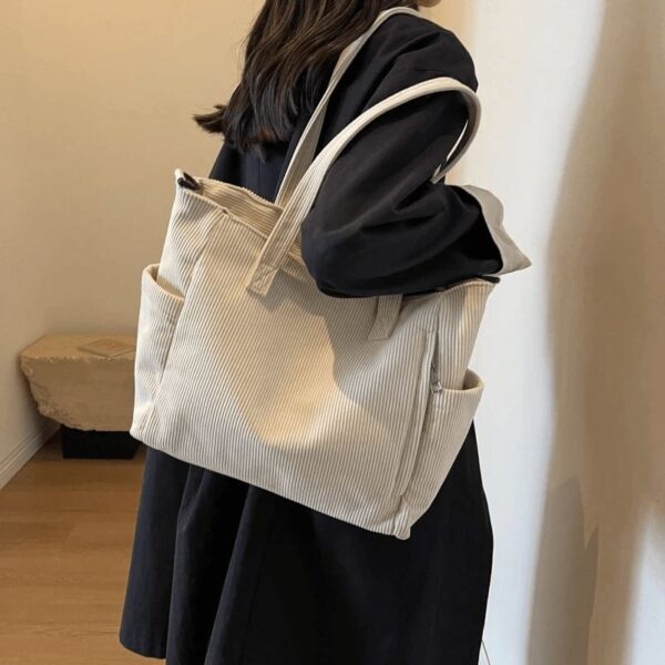 Grand Sac À Main En Velours Côtelé Beige – Image 4
